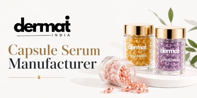 Capsule Serum Manufacturer by Dermat India featuring premium skincare capsule serums in elegant packaging on a light pink background.