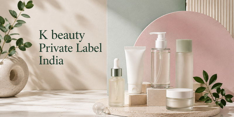Modern Korean skincare products and cosmetic packaging displayed for private label manufacturing in India.
