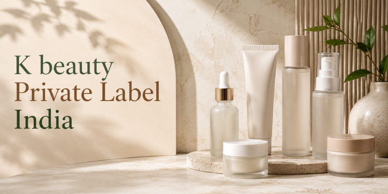 K Beauty Private Label India banner featuring premium Korean skincare products, including serum bottles, cream jars, and cosmetic packaging.