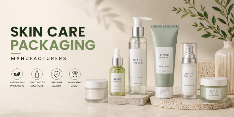 Skin care packaging products including bottles, jars, tubes, and pump containers displayed in a modern studio setting.