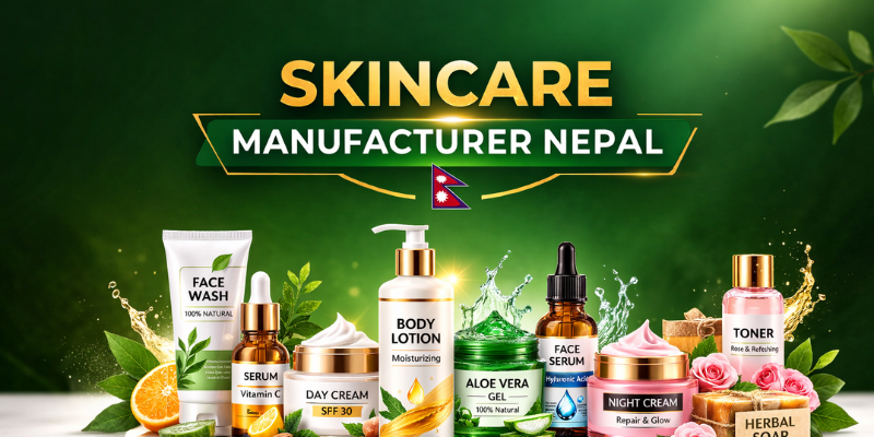 Skincare manufacturer Nepal by Dermat India producing private label cosmetic products in GMP certified facility