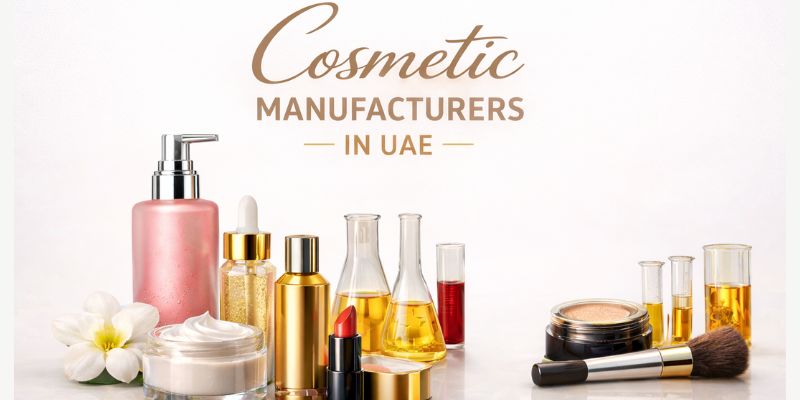 Cosmetic products and skincare items with lab glassware in UAE
