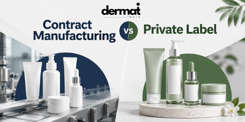 Contract Manufacturing vs Private Label comparison banner by Dermat India featuring cosmetic skincare products and manufacturing solutions.
